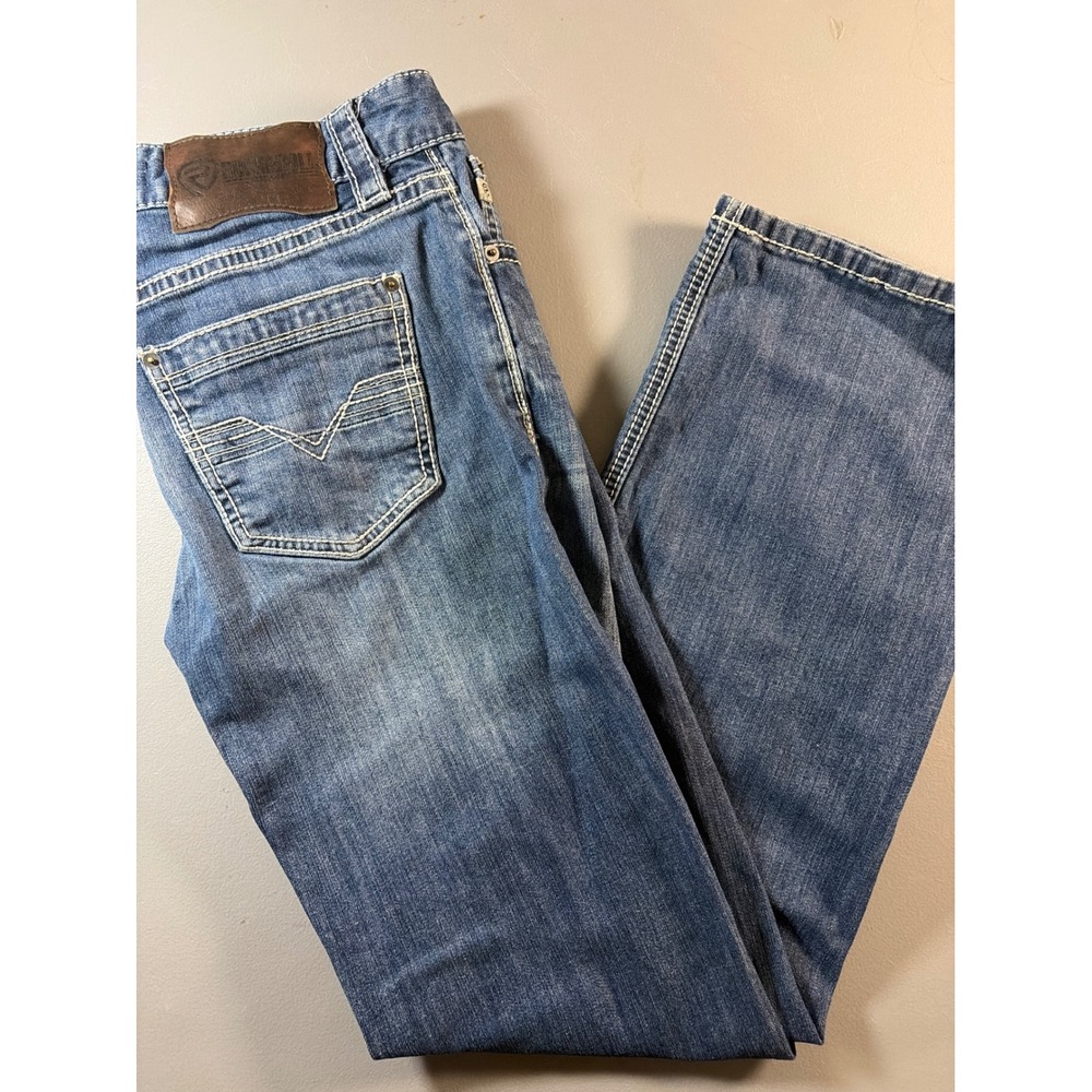 Rock & Roll Denim Jeans Mens 32x32 Blue Medium Wash Straight Leg Thick Stitch